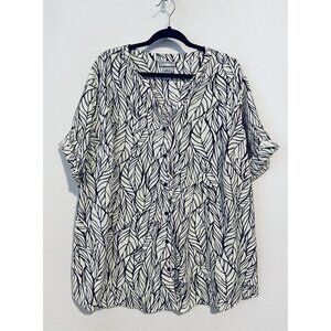 Catherines Top Womens 2X White Black Leaf Print Button Up Short Roll Tab Sleeve